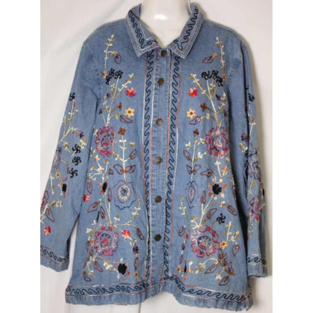 Denim & Co Women's 1X Embroidered Jean Jacket Floral Boho Western Button Front